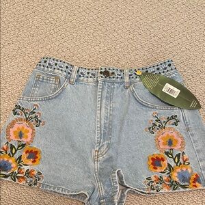 FARM Rio Blue Jean Shorts with Floral Embroidery